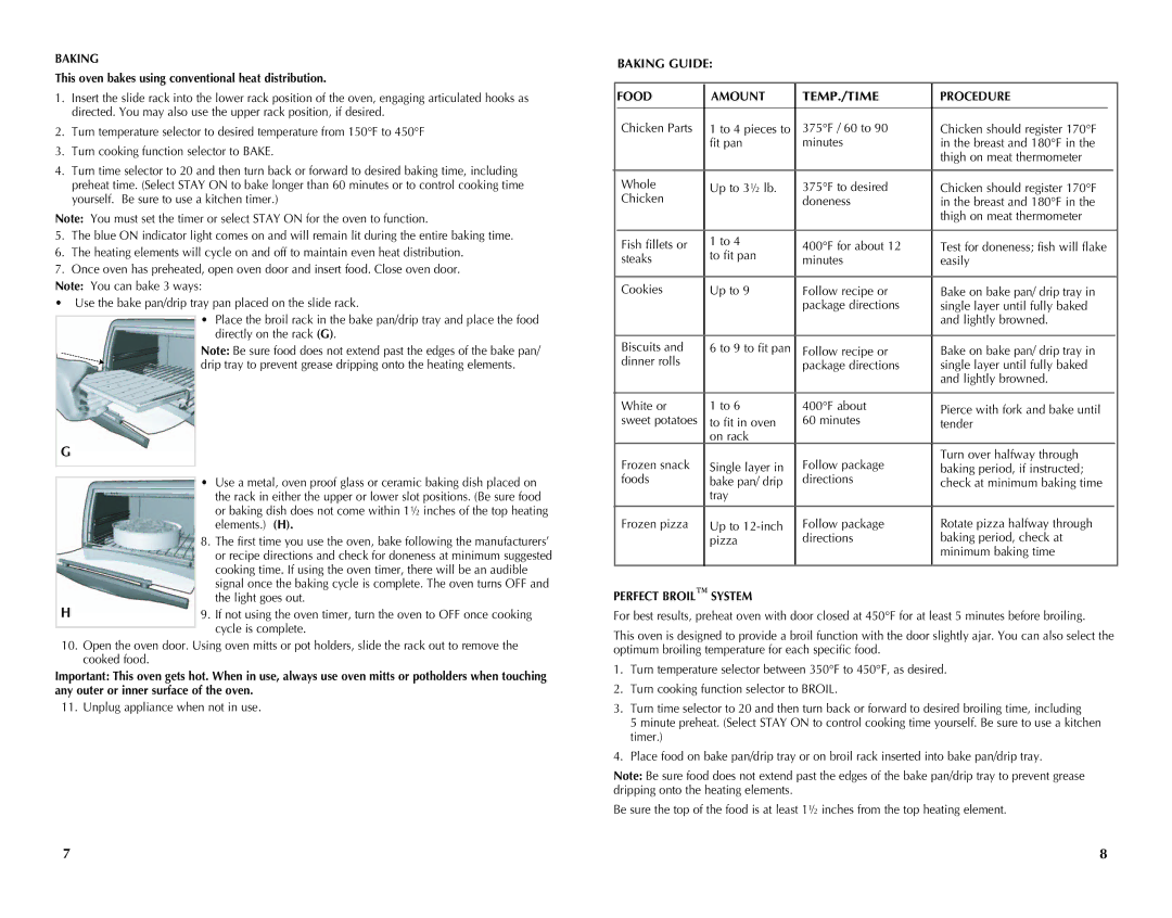 Black & Decker CTO4300W, CTO4300B manual Baking, This oven bakes using conventional heat distribution, Perfect Broil System 