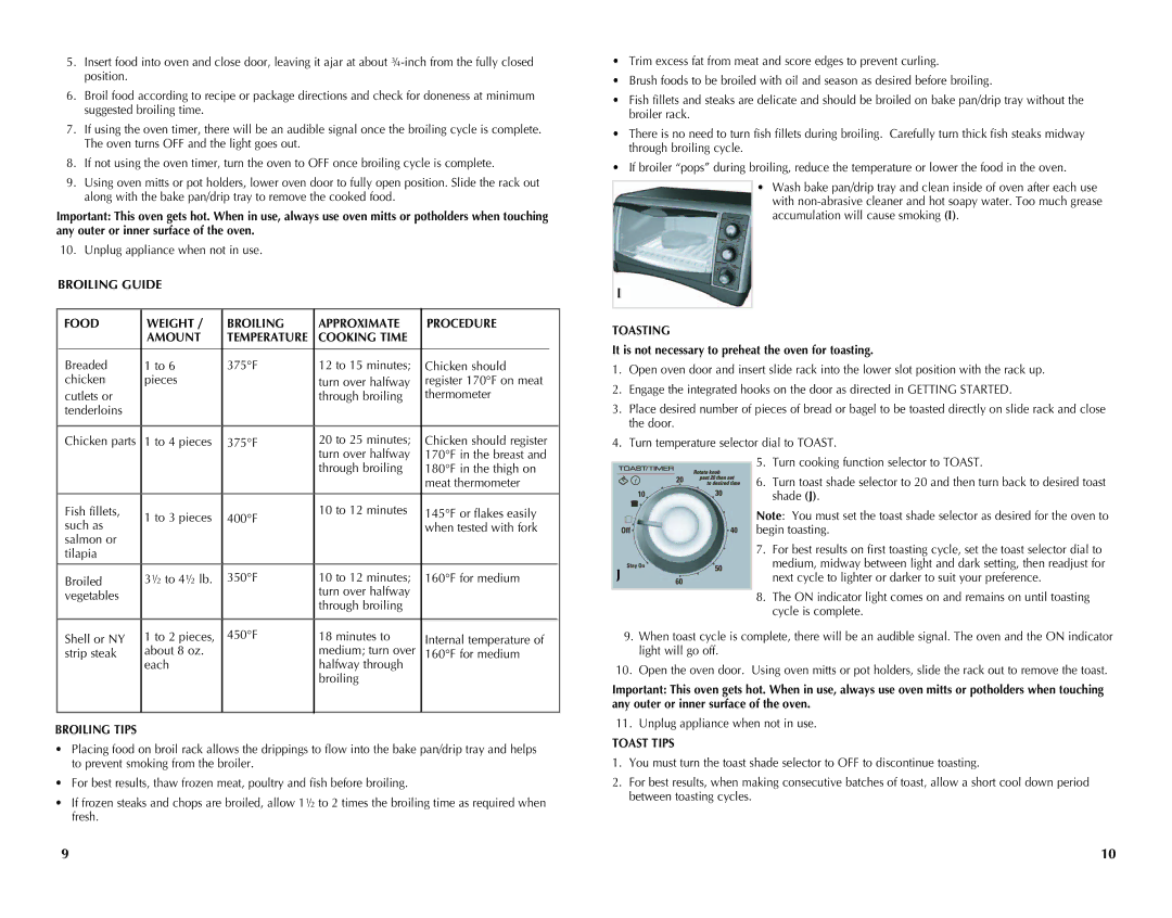 Black & Decker CTO4300B Broiling Guide Food Weight Approximate Procedure Amount, Cooking Time, Broiling Tips, Toasting 