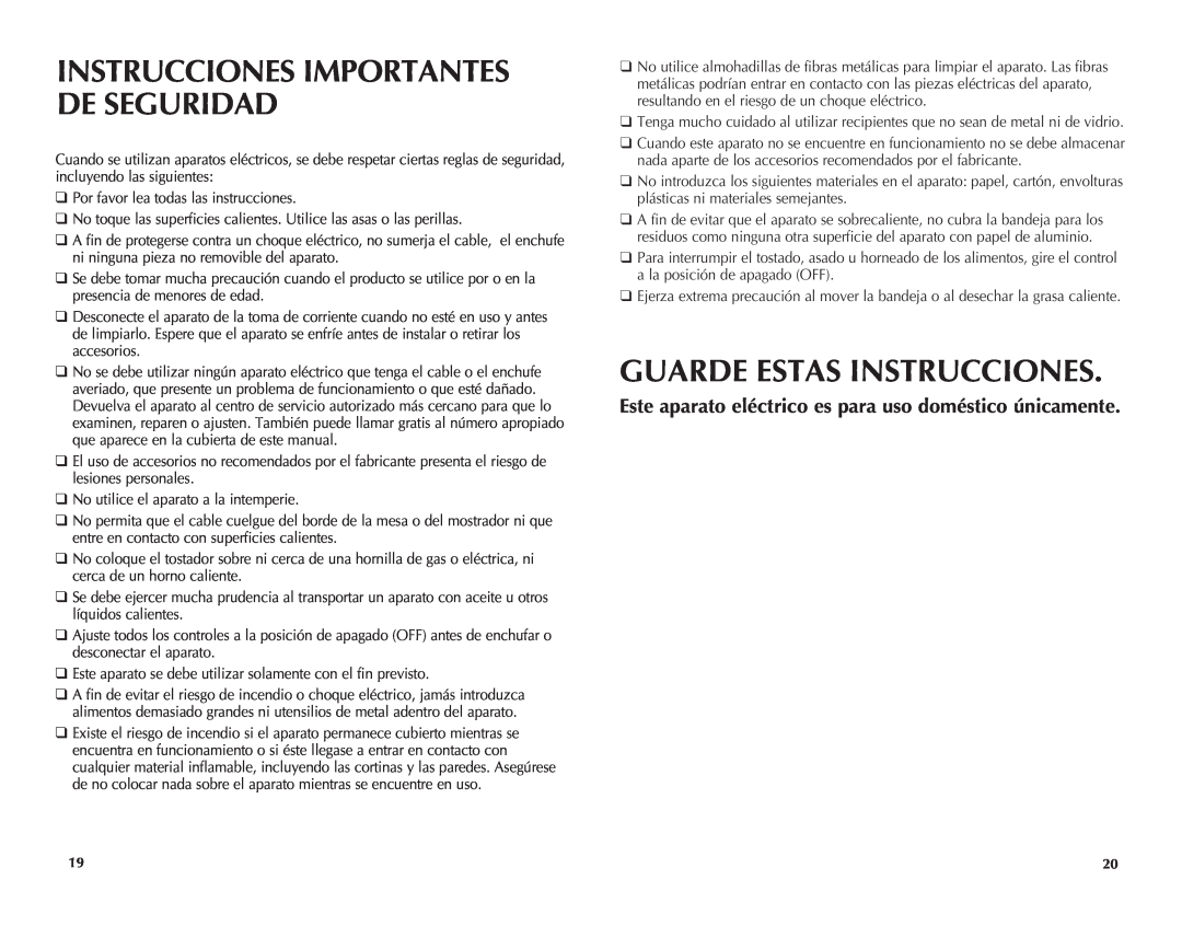 Black & Decker CTO4300W, CTO4300B manual Guarde Estas Instrucciones, Instrucciones Importantes De Seguridad 