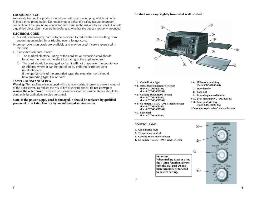 Black & Decker CTO4300W, CTO4300B manual Grounded Plug, Electrical Cord, Tamper-Resistantscrew 
