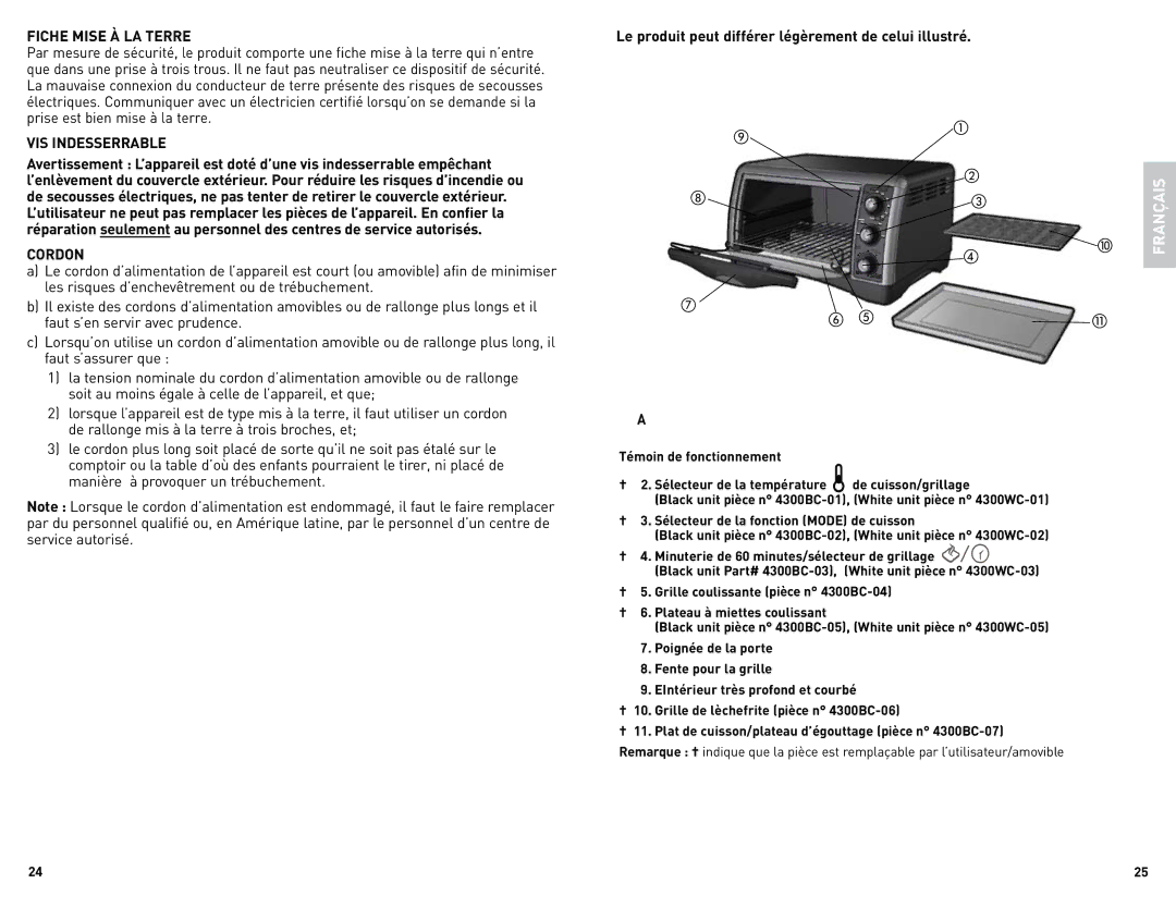 Black & Decker CTO4300WC, CTO4300BC manual Fiche Mise À LA Terre, VIS Indesserrable, Cordon 