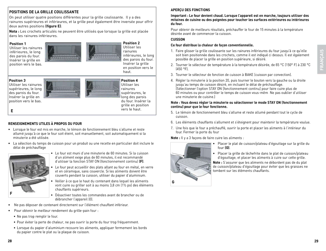 Black & Decker CTO4300WC, CTO4300BC manual Positions DE LA Grille Coulissante, Aperçu DES Fonctions, Cuisson 