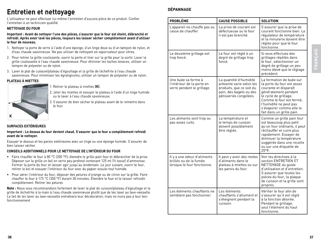 Black & Decker CTO4300WC Dépannage, Nettoyage DU Four, Problème Cause Possible Solution, Ou sur une étiquette de, 25F 