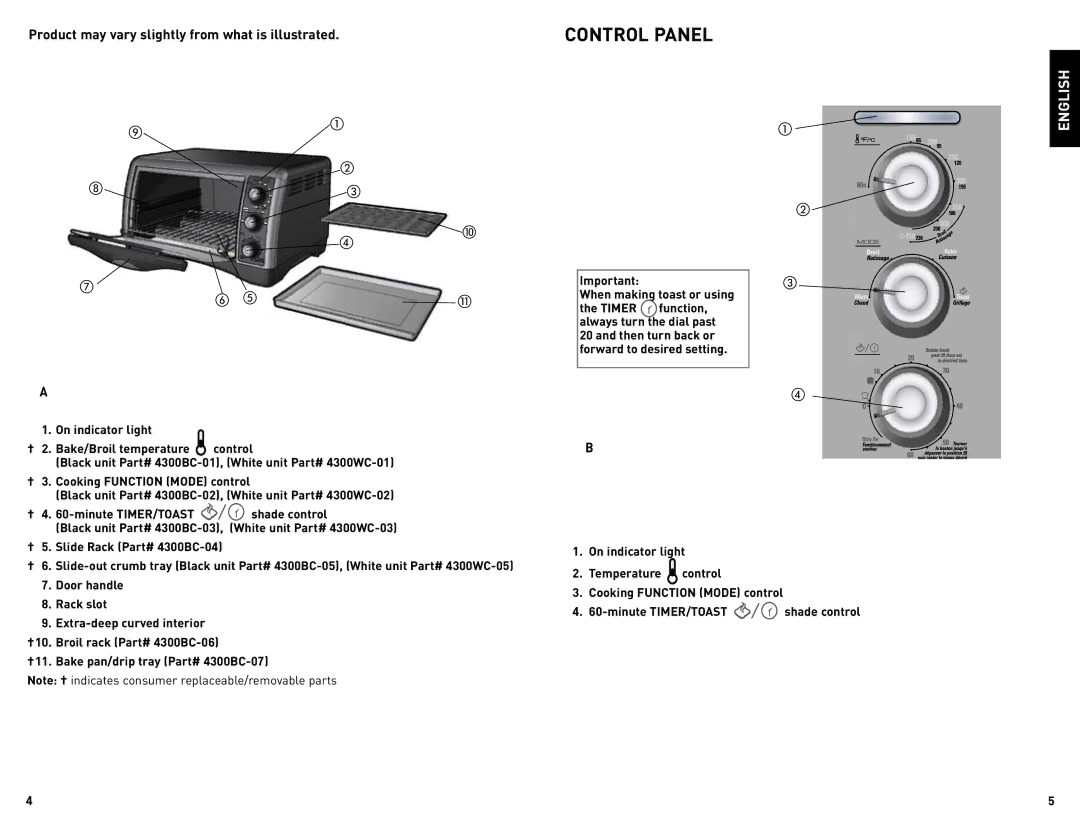 Black & Decker CTO4300WC, CTO4300BC manual On indicator light Bake/Broil temperature Control, Cooking function Mode control 