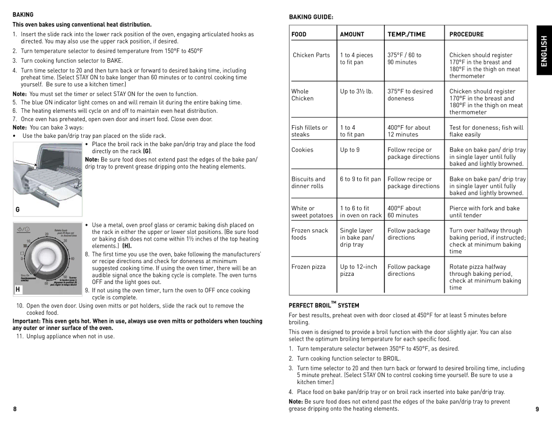 Black & Decker CTO4300WC, CTO4300BC manual Baking Guide Food Amount TEMP./TIME Procedure, Perfect Broil System 