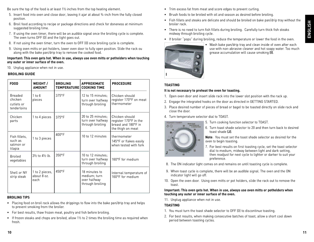 Black & Decker CTO4300BC Broiling Guide Food Weight Approximate Procedure Amount, Cooking Time, Broiling Tips, Toasting 