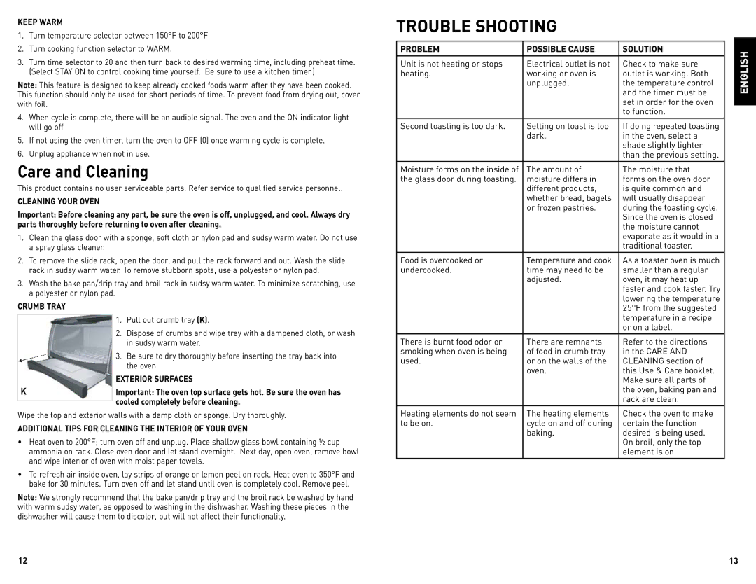Black & Decker CTO4300WC, CTO4300BC manual Trouble Shooting, Keep Warm, Cleaning Your Oven, Problem Possible Cause Solution 