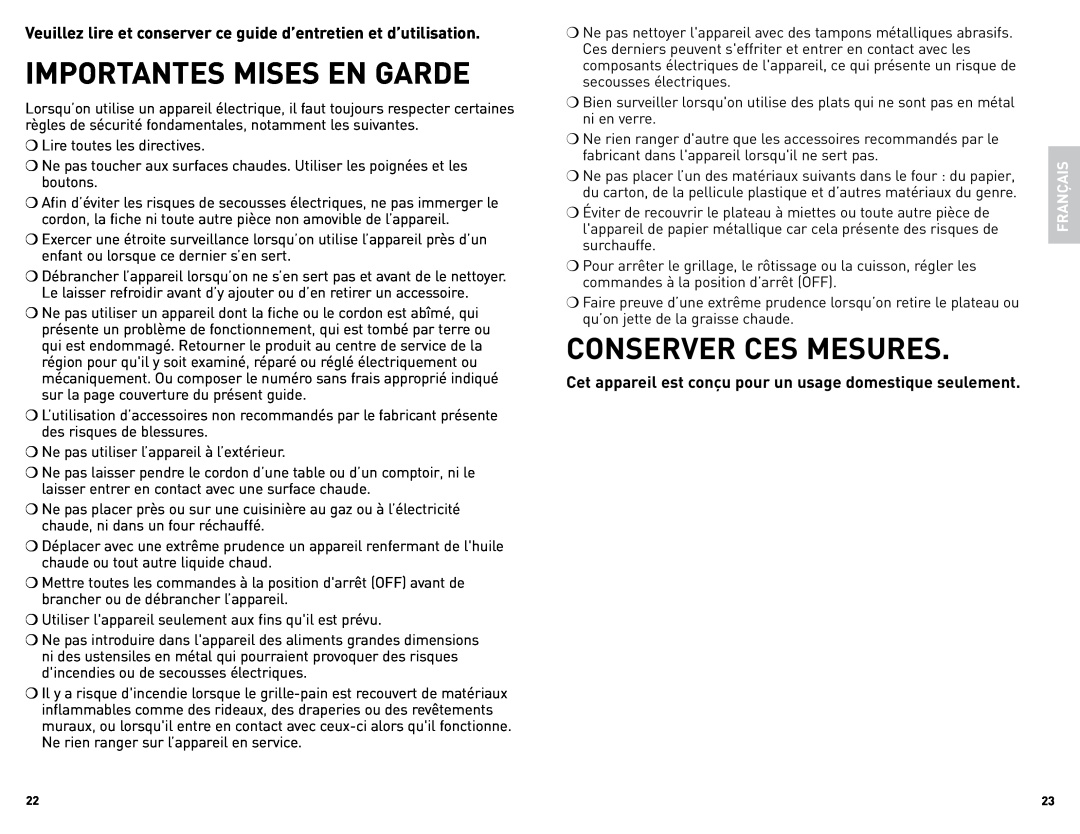 Black & Decker CTO4300BC, CTO4300WC manual Importantes Mises En Garde, Conserver Ces Mesures, Français 