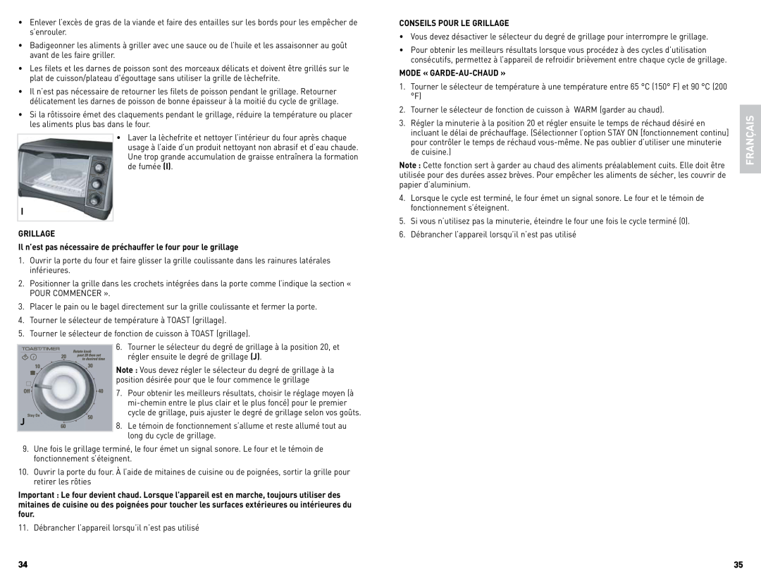Black & Decker CTO4300BC, CTO4300WC manual Français, Note Vous devez régler le sélecteur du degré de grillage à la 