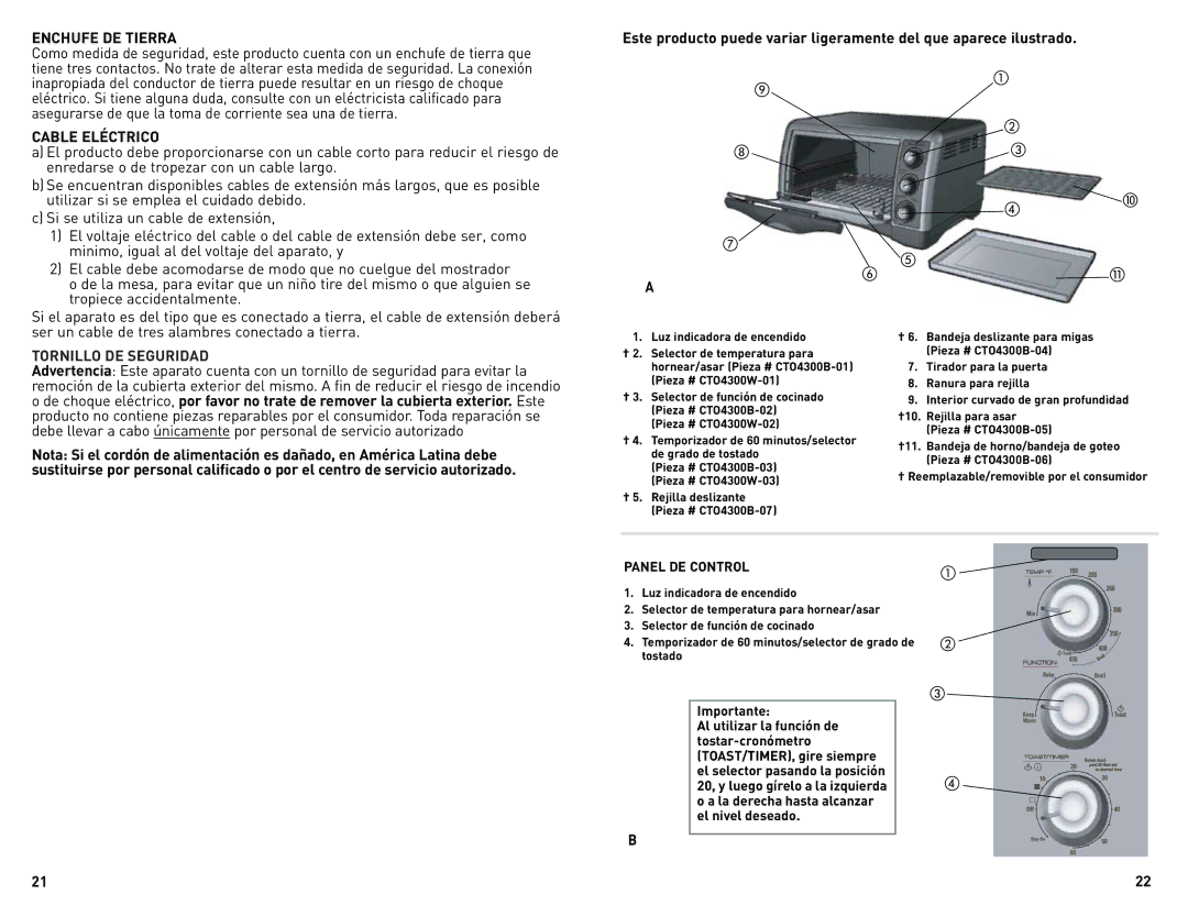 Black & Decker CTO4300BUC manual Enchufe DE Tierra, Cable Eléctrico, Panel de control 