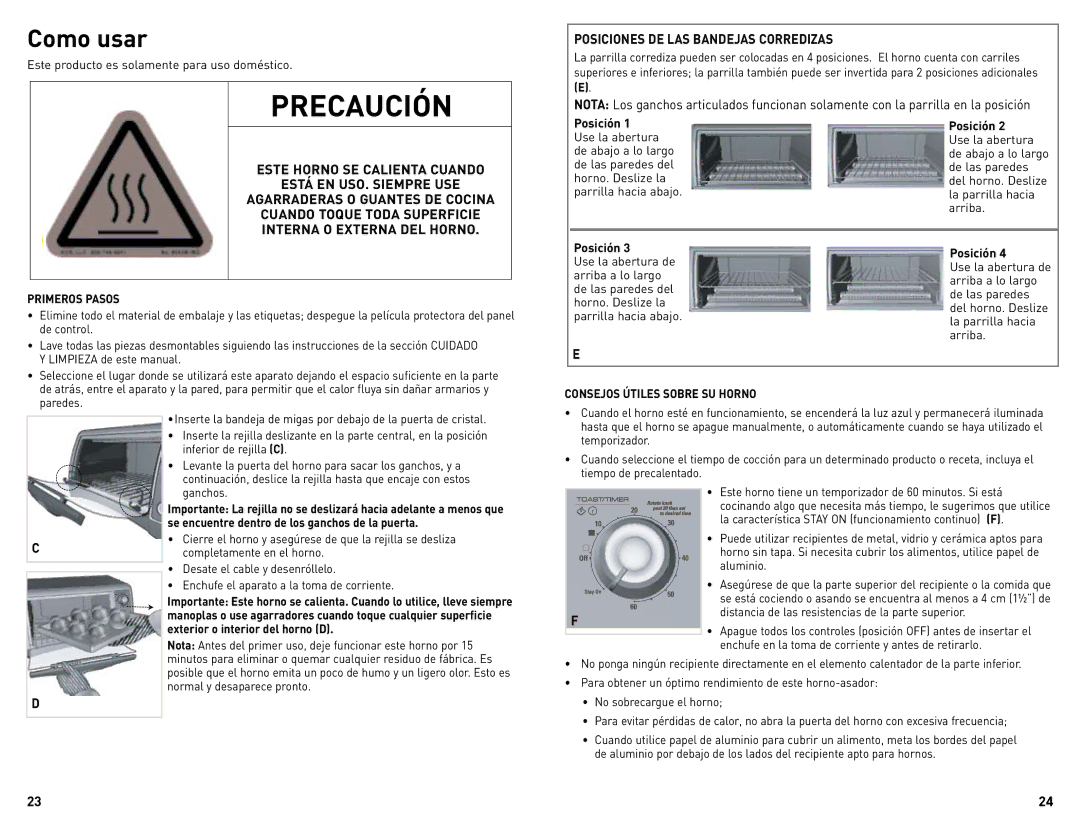 Black & Decker CTO4300BUC manual Como usar, Posiciones DE LAS Bandejas Corredizas, Está EN USO. Siempre USE 