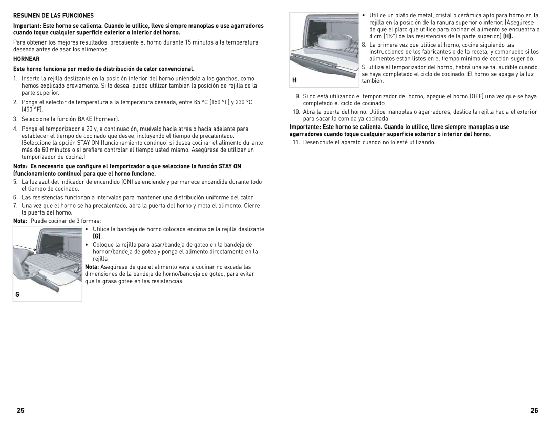 Black & Decker CTO4300BUC Resumen DE LAS Funciones, Hornear, Cm 1½ de las resistencias de la parte superior. H, También 