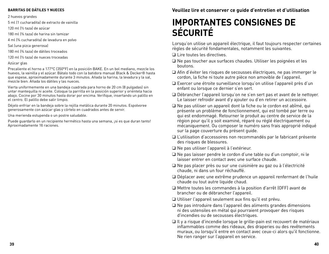 Black & Decker CTO4300BUC manual Importantes Consignes DE Sécurité, Barritas DE Dátiles Y Nueces 