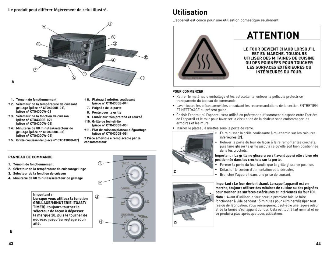 Black & Decker CTO4300BUC manual Utilisation, Intérieures DU Four, Pour Commencer, Panneau DE Commande 