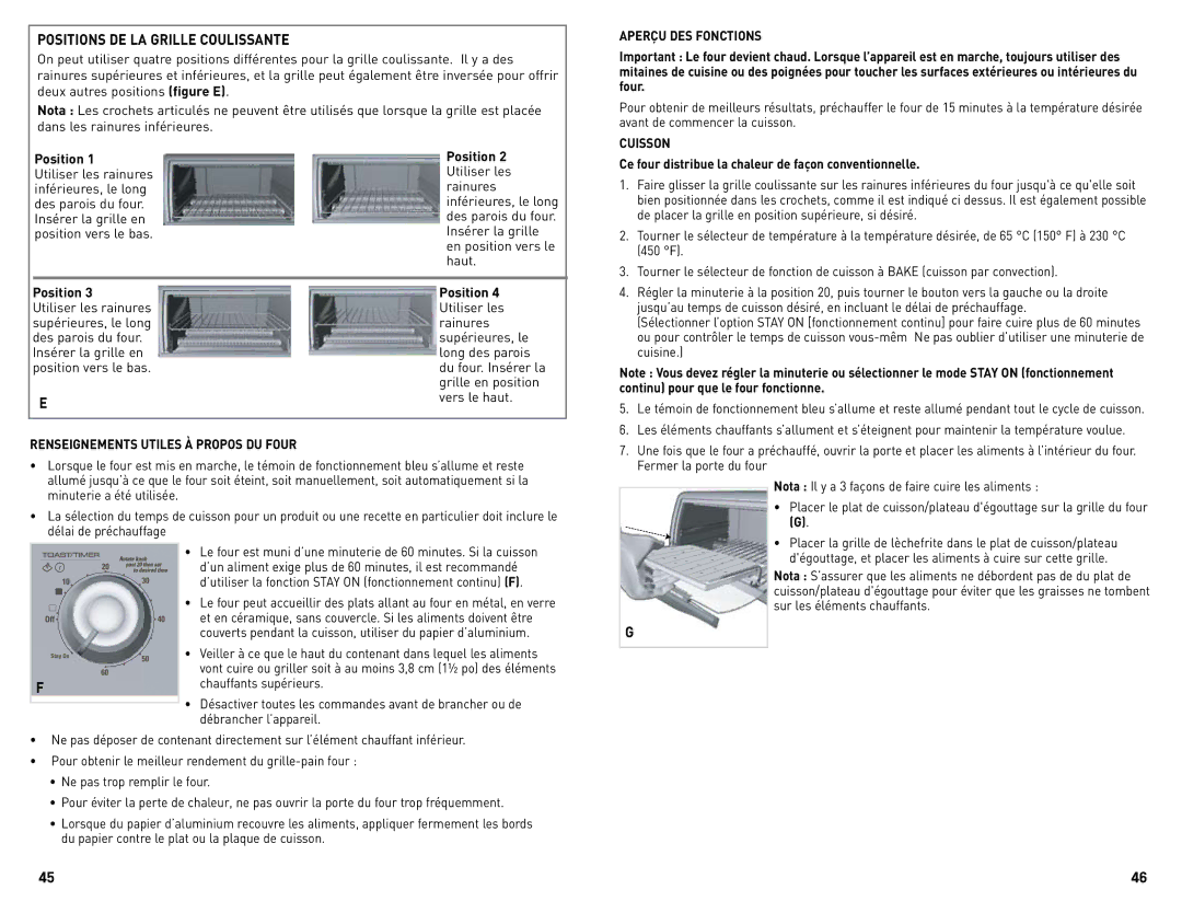 Black & Decker CTO4300BUC manual Positions DE LA Grille Coulissante, Aperçu DES Fonctions, Cuisson 