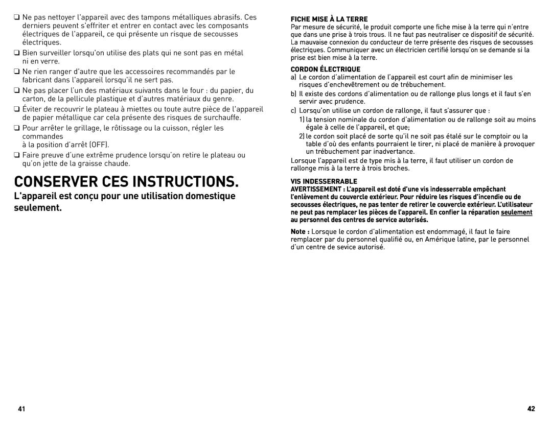 Black & Decker CTO4300BUC manual Conserver Ces Instructions 