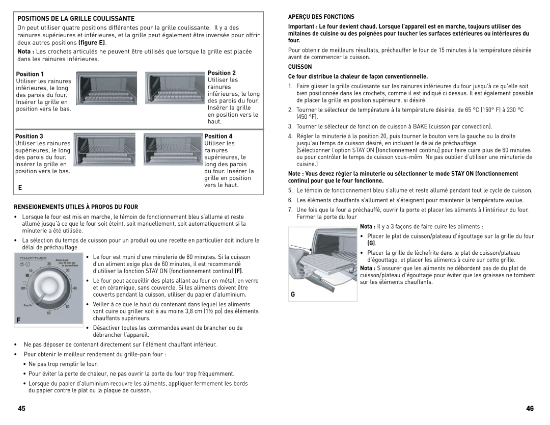 Black & Decker CTO4300BUC manual Positions De La Grille Coulissante 
