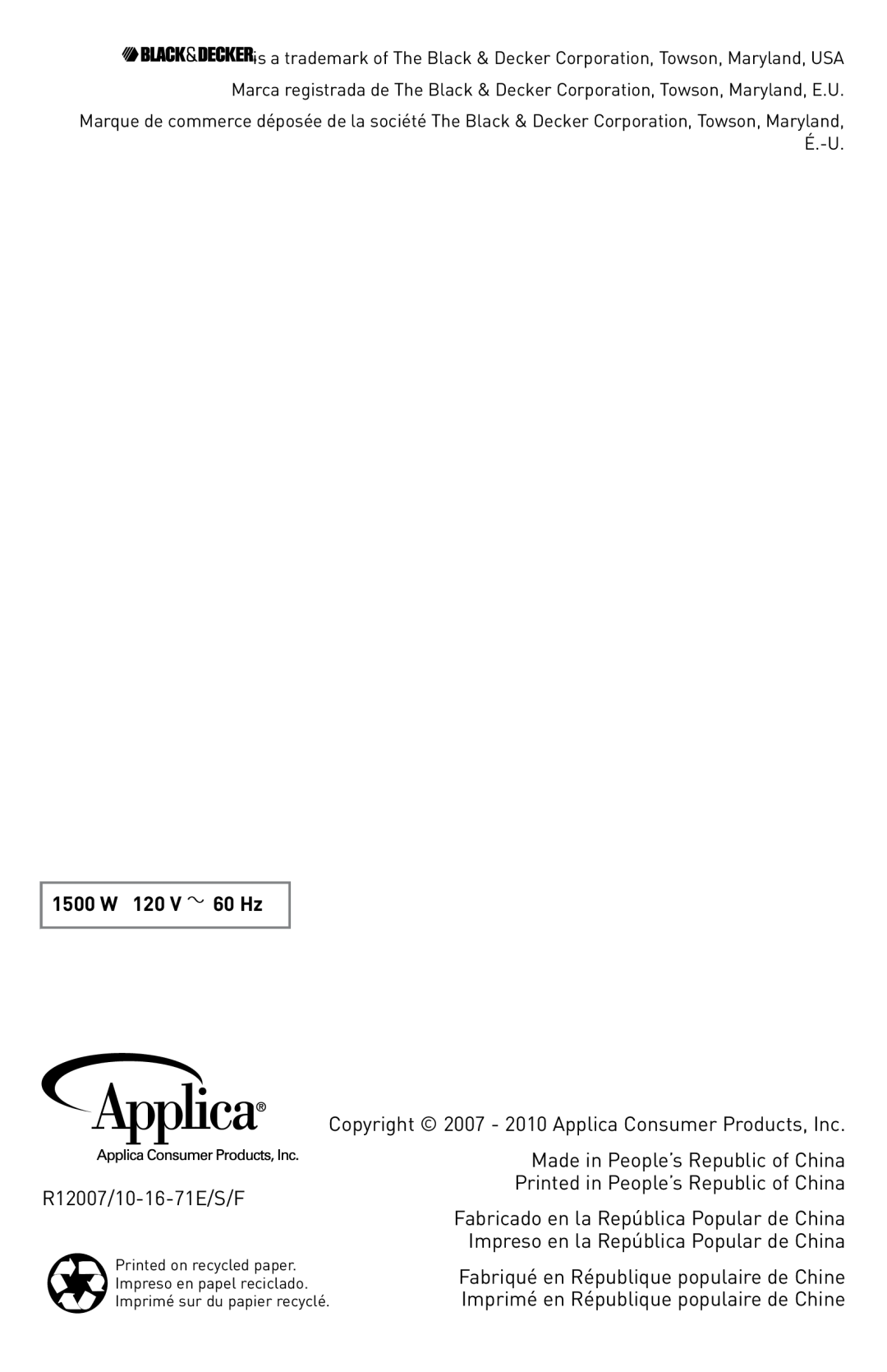 Black & Decker CTO4300BUC manual 1500 W 120 V 60 Hz, R12007/10-16-71E/S/F 