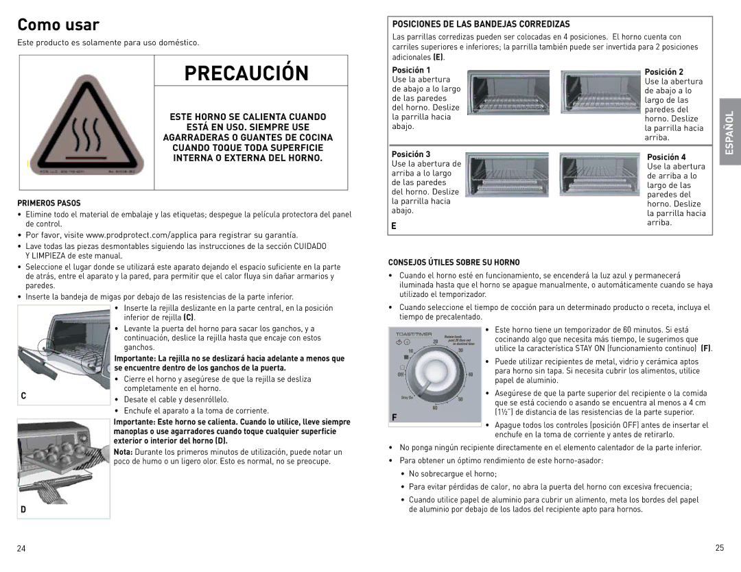 Black & Decker CTO4500S, CTO4400B, CTO4400R Como usar, Posiciones DE LAS Bandejas Corredizas, Este Horno SE Calienta Cuando 