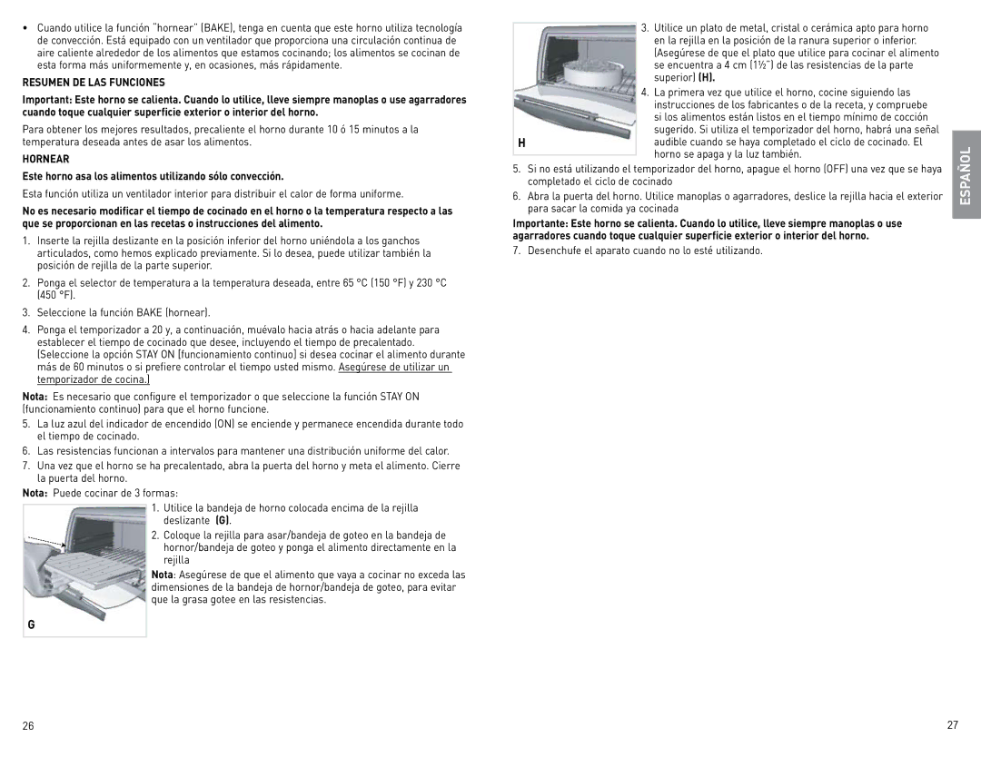 Black & Decker CTO4400B-02G manual Resumen DE LAS Funciones, Hornear, Desenchufe el aparato cuando no lo esté utilizando 