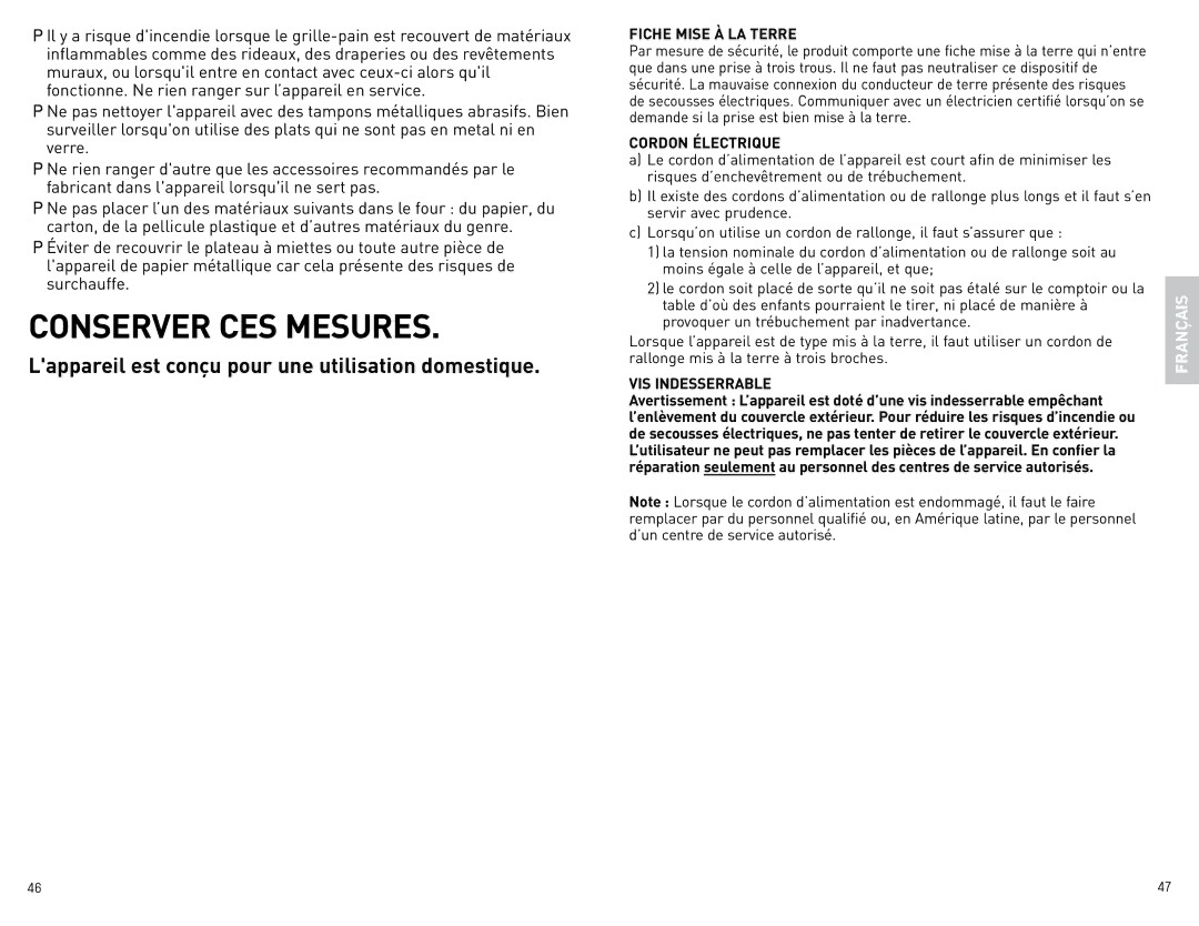 Black & Decker CTO4500S, CTO4400R, CTO4400B-02G, CTO4400B-06G Fiche Mise À LA Terre, Cordon Électrique, VIS Indesserrable 