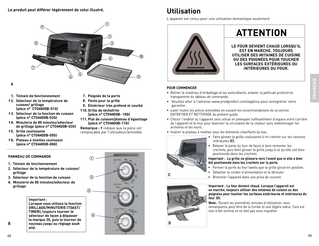 Black & Decker CTO4400B-02G, CTO4400R, CTO4500S Utilisation, Pour Commencer, Panneau DE Commande, GRILLAGE/MINUTERIE Toast 