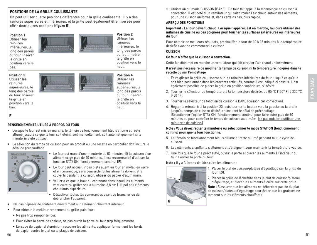 Black & Decker CTO4400B-06G, CTO4400R, CTO4500S manual Positions DE LA Grille Coulissante, Aperçu DES Fonctions, Cuisson 