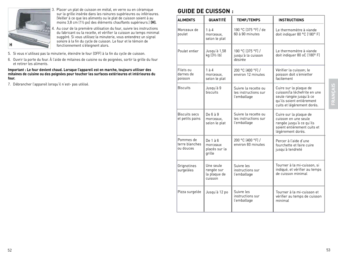 Black & Decker CTO4400B-03G Guide DE Cuisson, Fonctionnement s’éteignent alors, Aliments Quantité TEMP./TEMPS Instructions 