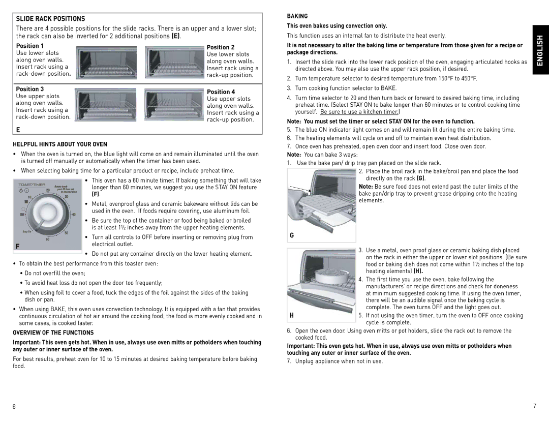 Black & Decker CTO4400B-06G manual Slide Rack Positions, Baking, Helpful Hints about Your Oven, Overview of the Functions 