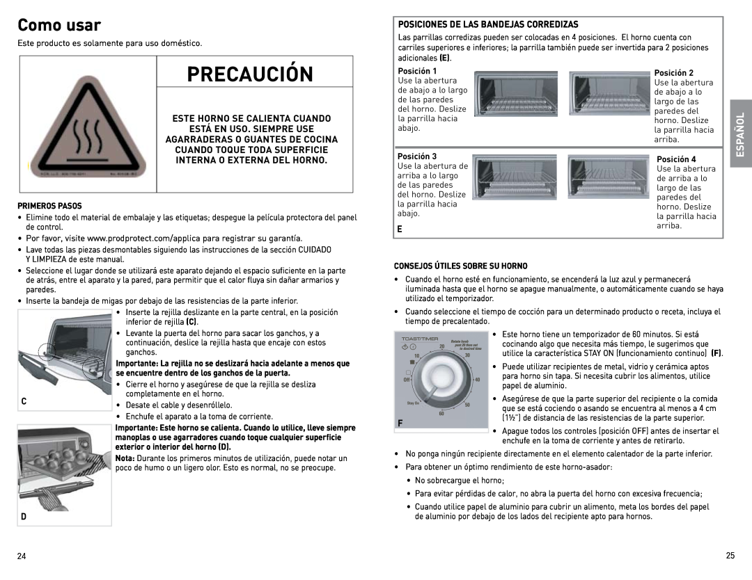 Black & Decker CTO4500S, CTO4400B PRECAUCIÓN$ 65*0, Como usar, This Oven Gets Hot. When, In Use, Always Use Oven, Español 