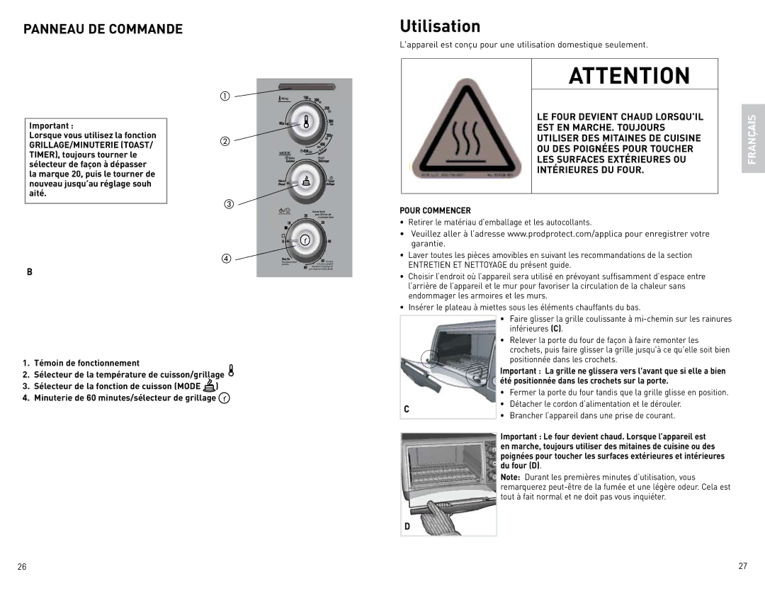 Black & Decker CTO4400BC manual Utilisation, Panneau DE Commande 