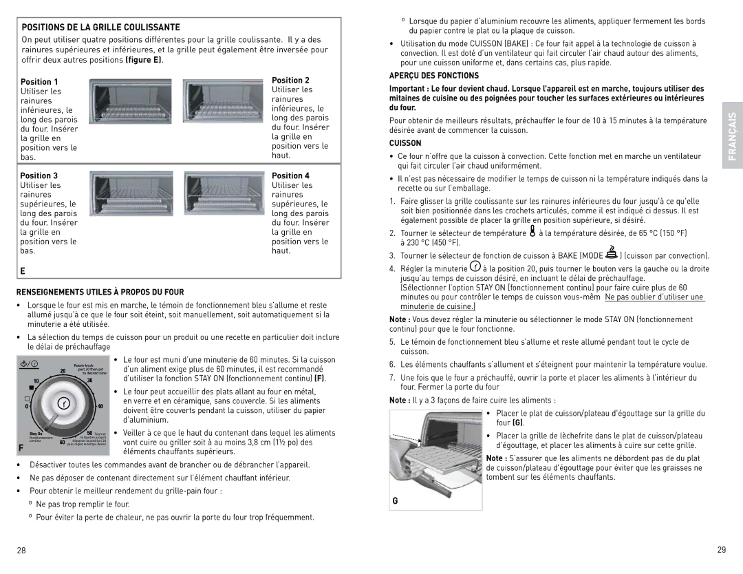 Black & Decker CTO4400BC manual Positions DE LA Grille Coulissante, Aperçu DES Fonctions, Cuisson 