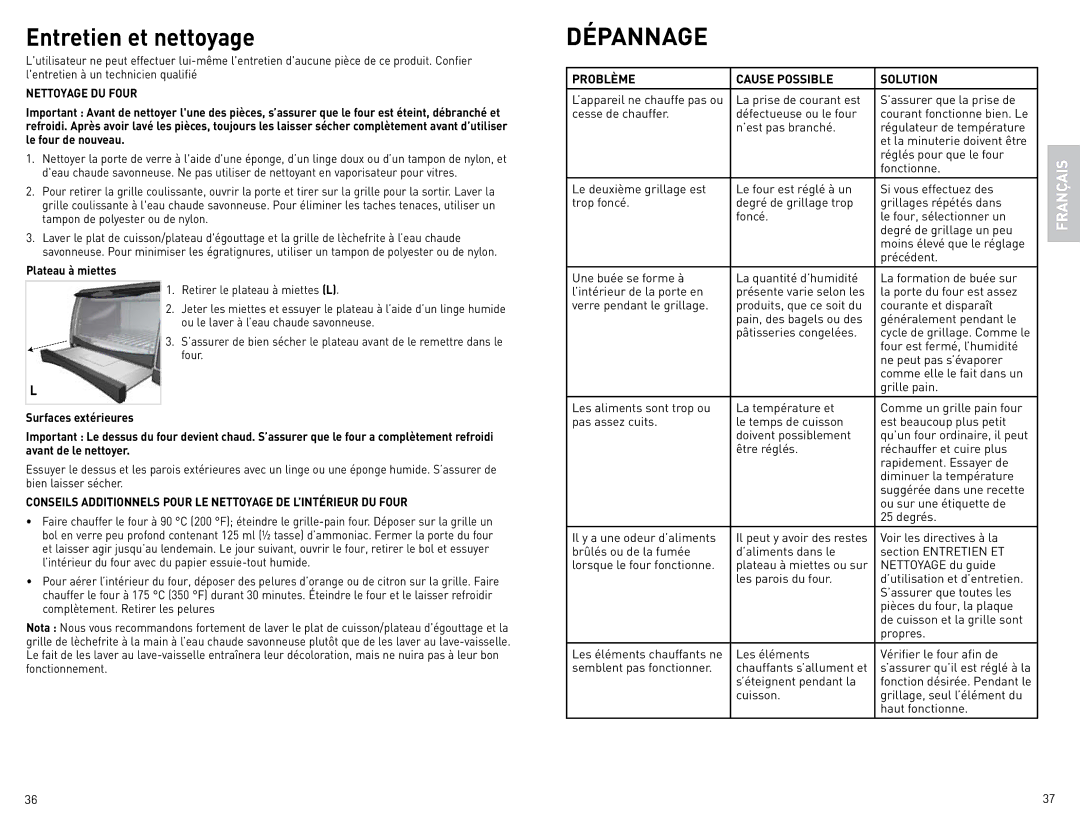 Black & Decker CTO4400BC manual Entretien et nettoyage, Nettoyage DU Four, Problème Cause Possible Solution 