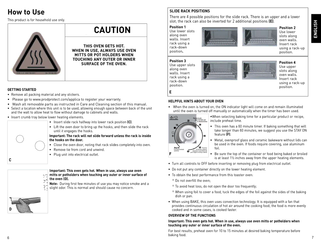 Black & Decker CTO4400BC manual How to Use, Slide Rack Positions, When in USE, Always USE Oven, Mitts or POT Holders When 