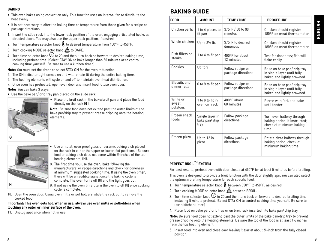 Black & Decker CTO4400BC manual Baking Guide, Food Amount TEMP./TIME, Perfect Broil System 