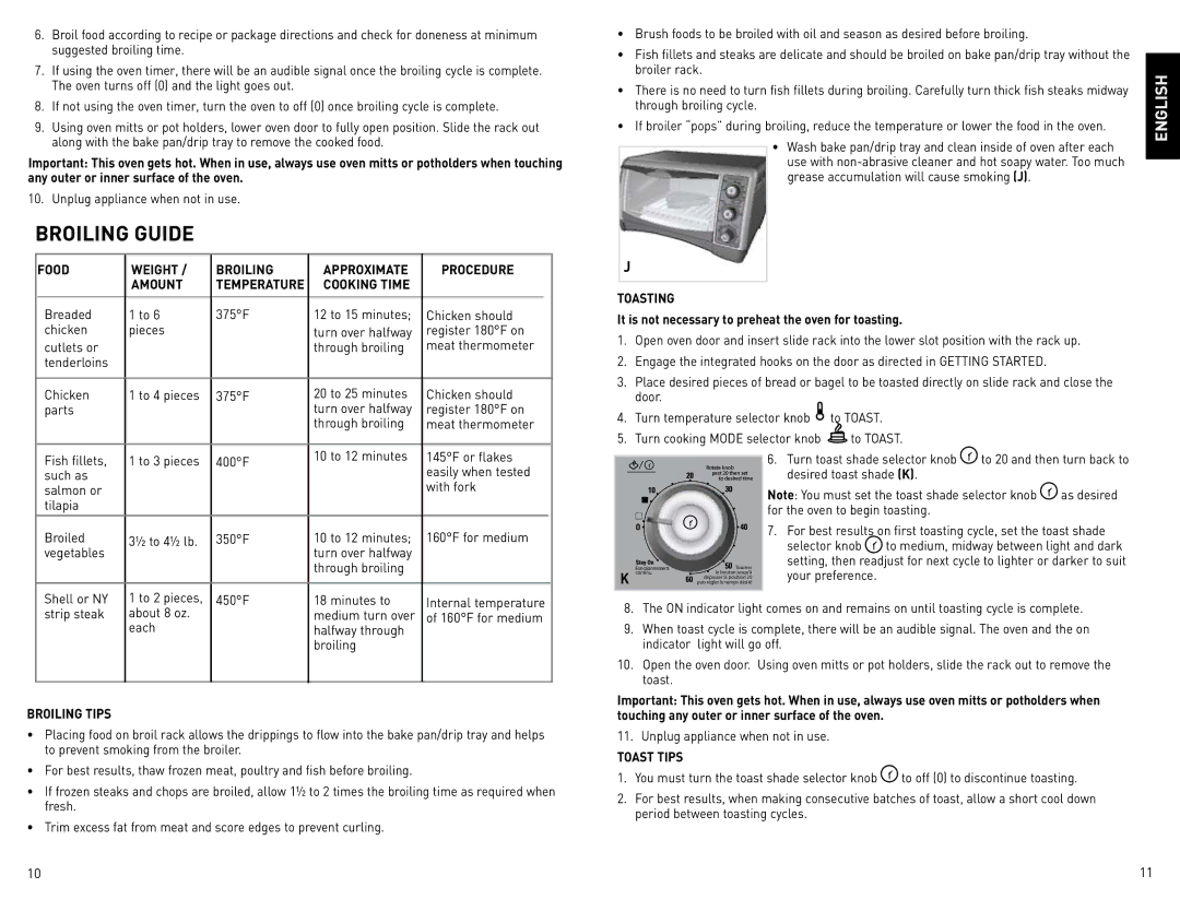 Black & Decker CTO4400BC manual Broiling Guide 