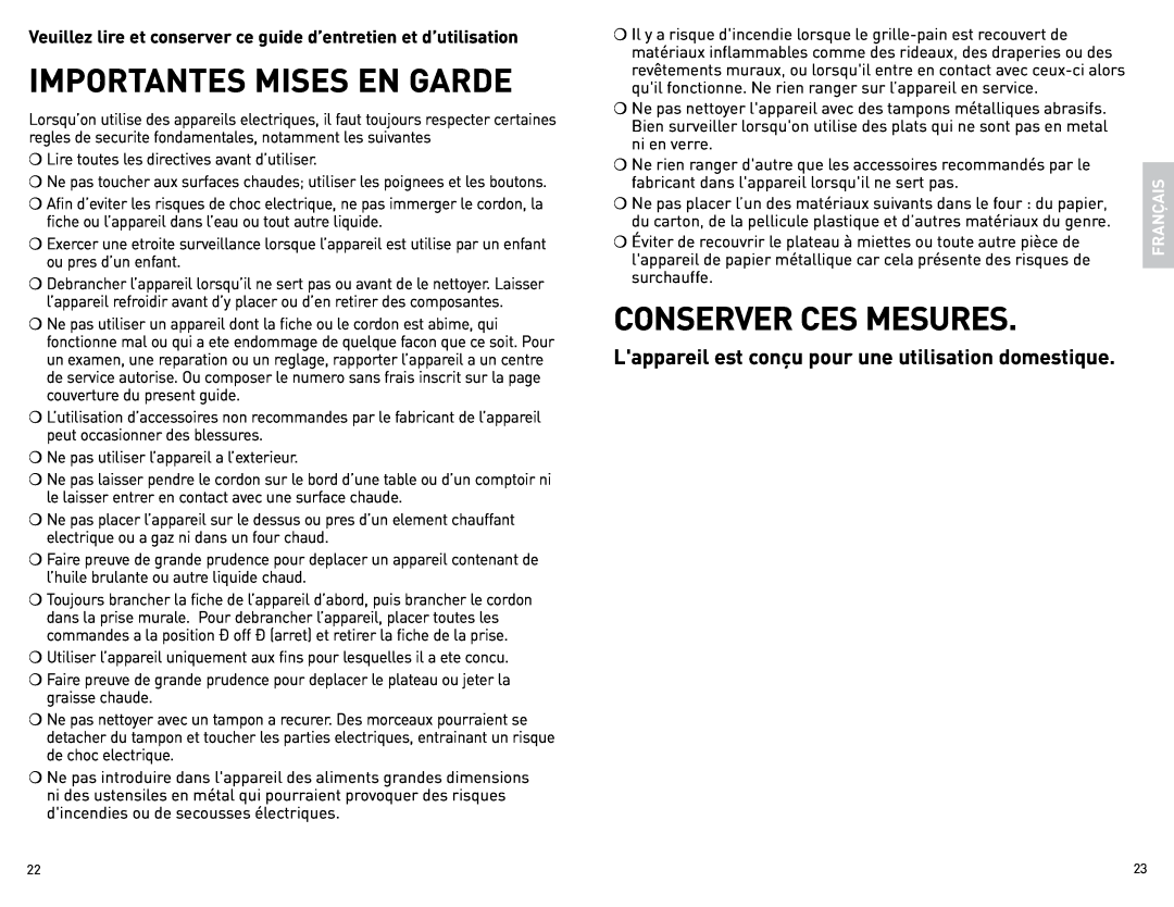 Black & Decker CTO4400BC manual Importantes Mises En Garde, Conserver Ces Mesures, Français 