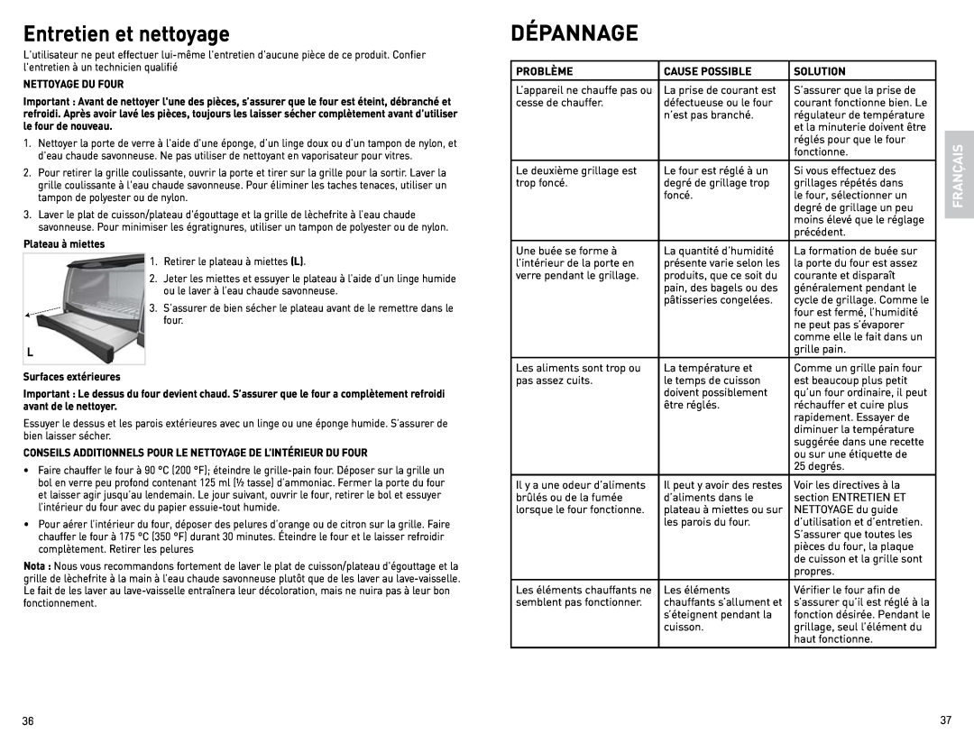 Black & Decker CTO4400BC manual Entretien et nettoyage, Dépannage, Français, cycle de grillage. Comme le 