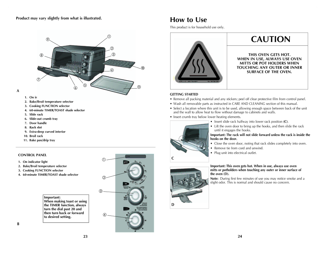 Black & Decker CTO4501S Product may vary slightly from what is illustrated, When in USE, Always USE Oven, ANY or Inner 