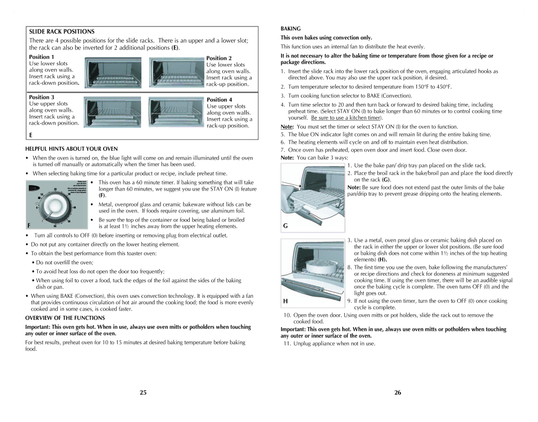 Black & Decker CTO4401B, CTO4501S Slide Rack Positions, Baking, Helpful Hints about Your Oven, Overview of the Functions 