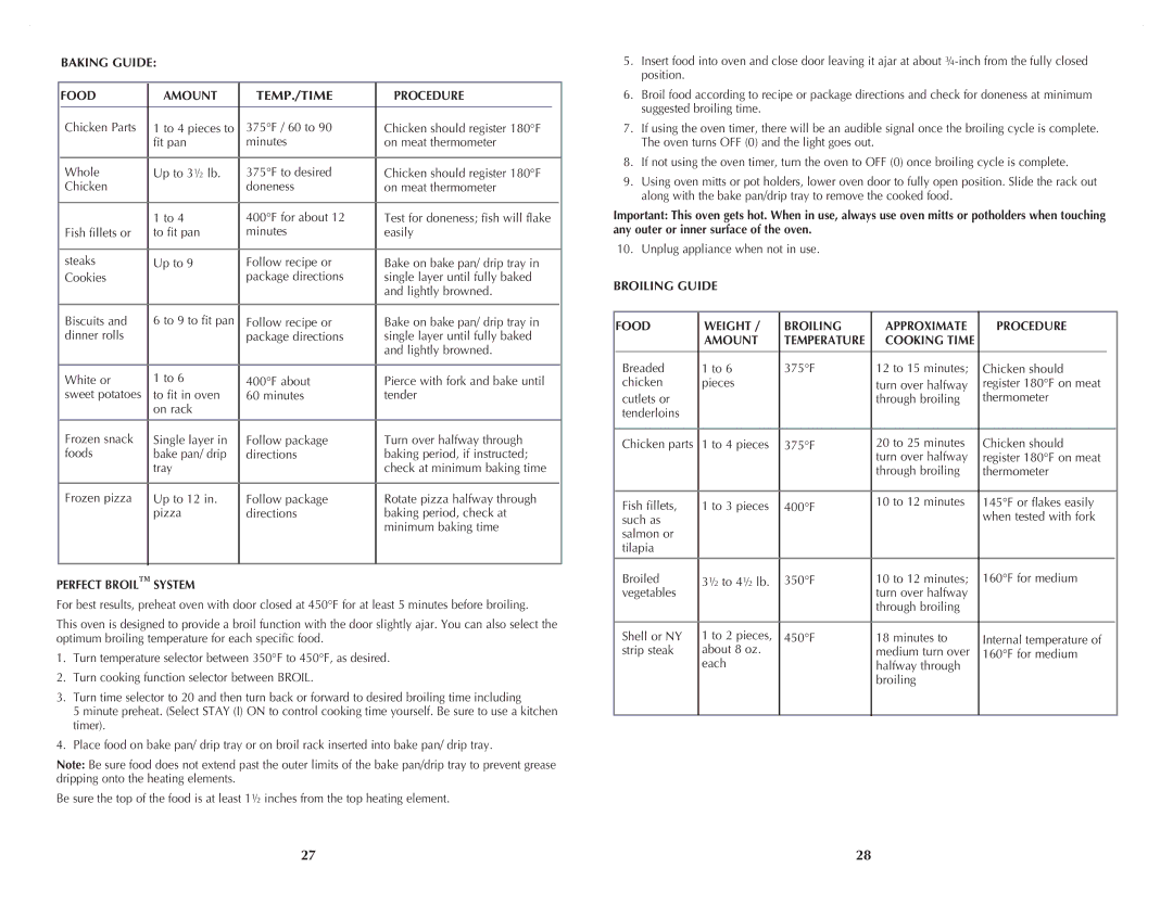 Black & Decker CTO4501S, CTO4401B manual Baking Guide Food Amount TEMP./TIME Procedure, Perfect Broil System, Cooking Time 
