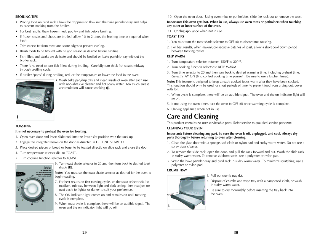 Black & Decker CTO4401B, CTO4501S manual Broiling Tips, Toasting, Toast Tips, Keep Warm, Cleaning Your Oven 