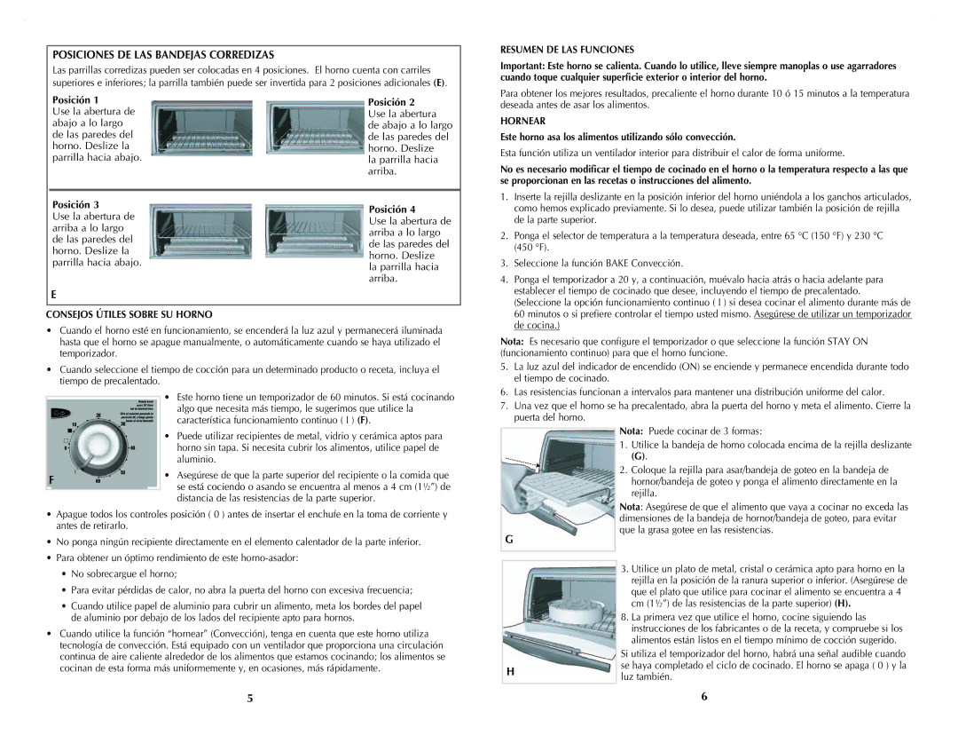 Black & Decker CTO4401B, CTO4501S manual Posiciones DE LAS Bandejas Corredizas, Resumen DE LAS Funciones, Hornear 