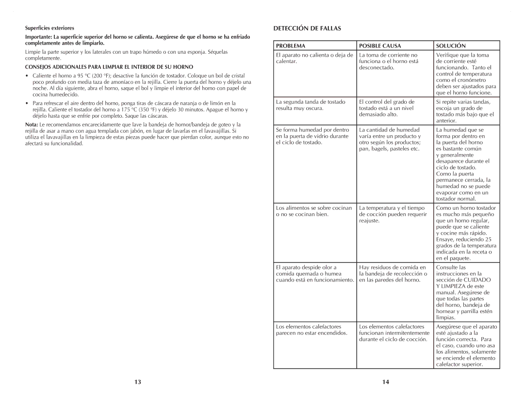 Black & Decker CTO4401B, CTO4501S manual Detección DE Fallas, Consejos Adicionales Para Limpiar EL Interior DE SU Horno 