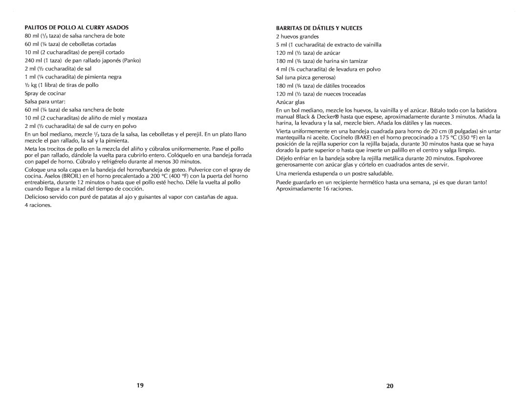 Black & Decker CTO4501S, CTO4401B manual Palitos De Pollo Al Curry Asados, Barritas De Dátiles Y Nueces 