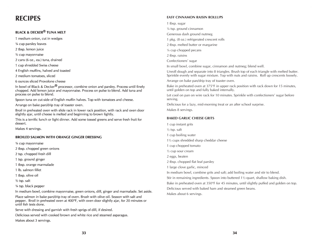 Black & Decker CTO4401B, CTO4501S manual Recipes, Black & Decker Tuna Melt, Broiled Salmon With Orange Ginger Dressing 