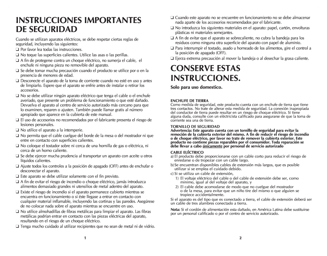 Black & Decker CTO4401B Conserve Estas Instrucciones, Solo para uso domestico, Instrucciones Importantes De Seguridad 