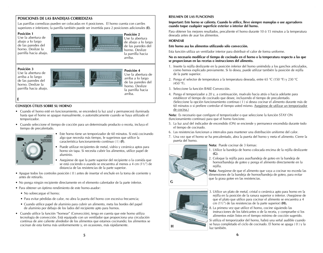 Black & Decker CTO4401B, CTO4501S manual Posiciones De Las Bandejas Corredizas, Resumen De Las Funciones, Posición 