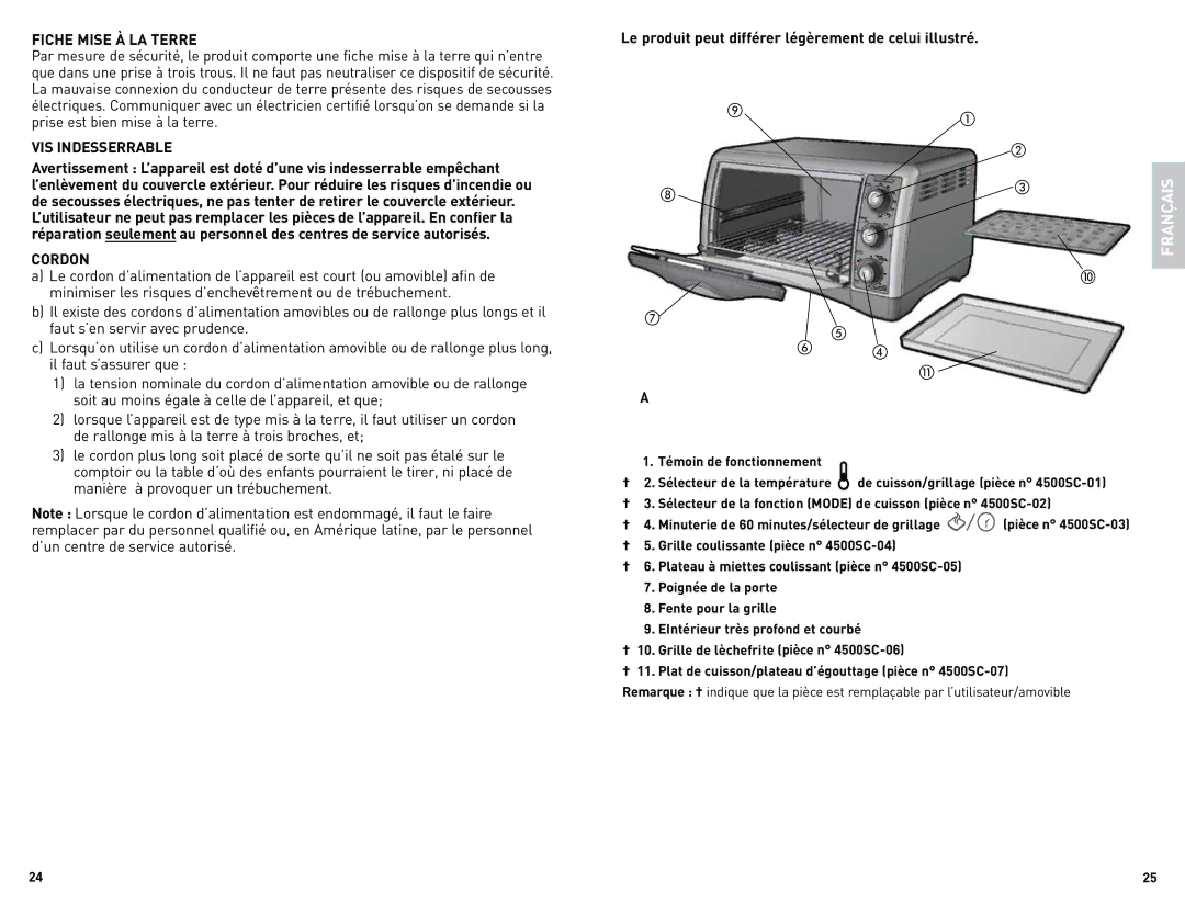 Black & Decker CTO4500SCUC manual Fiche Mise À LA Terre, VIS Indesserrable, Cordon 