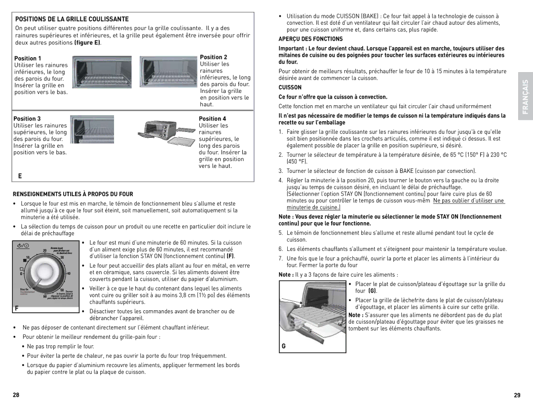 Black & Decker CTO4500SCUC manual Positions DE LA Grille Coulissante, Aperçu DES Fonctions, Cuisson 